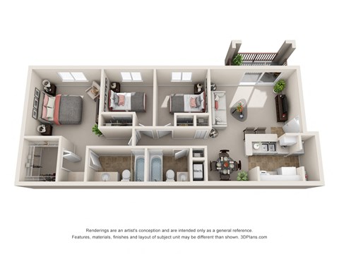 Floor plan for 3 beds, 2 baths, 1117 sqft